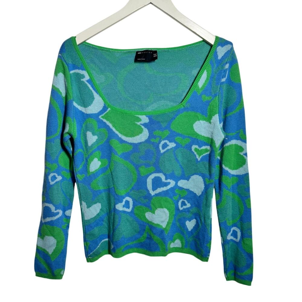 ASOS Design Top Women 4 Blue Green Wavy Heart Square Neck Lightweight 3/4 Sleeve